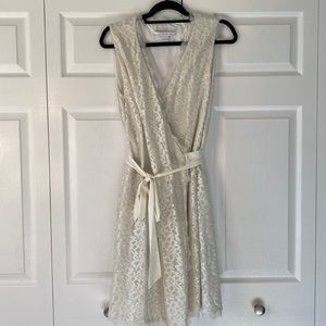 Diane vom Furstenberg, shiny cream lace wrap dress, size 14